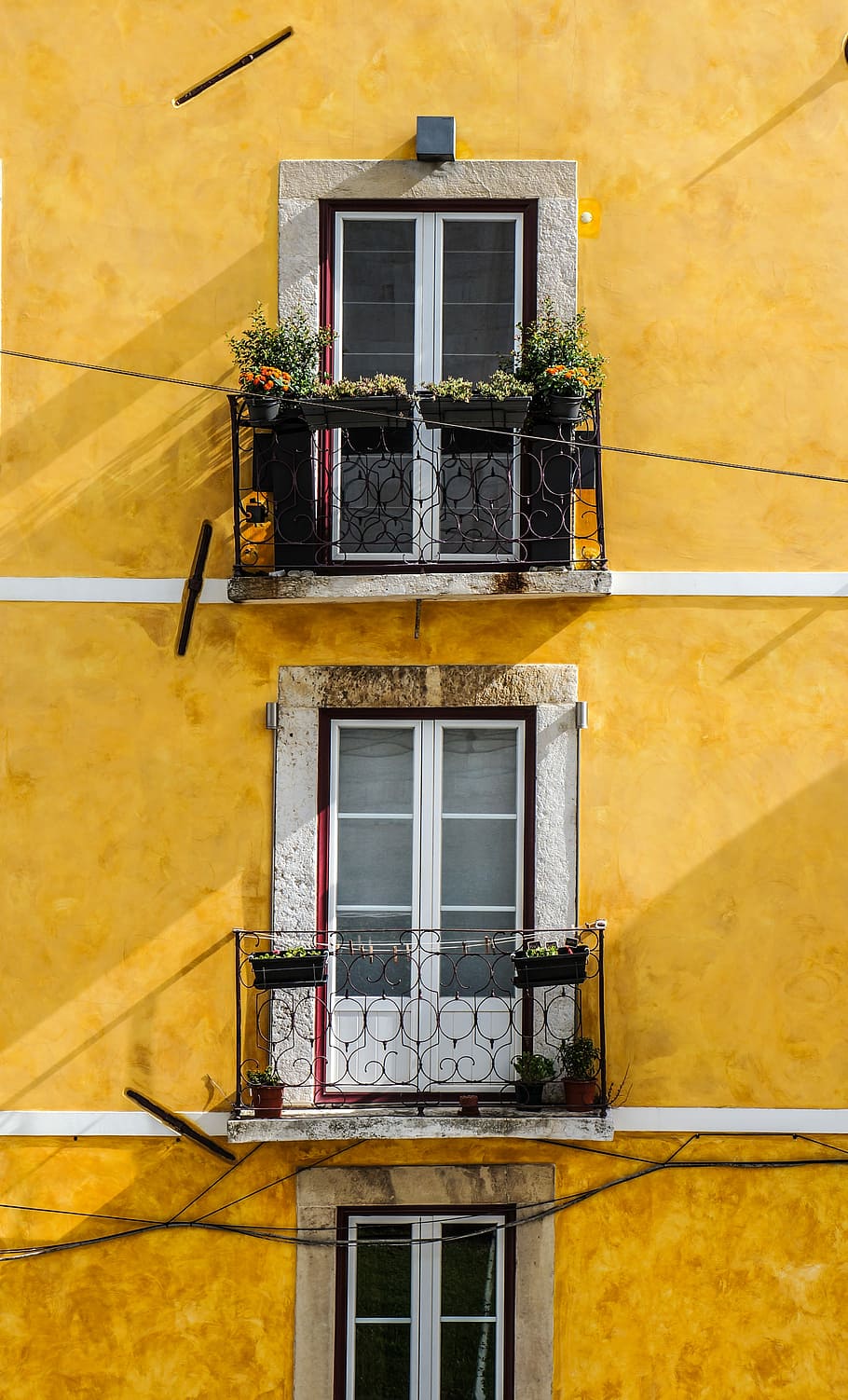 white wooden door on window of yellow concrete building, architecture HD wallpaper