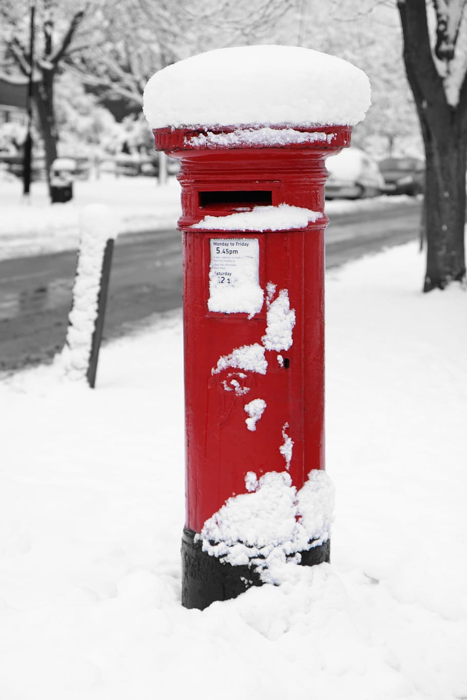 red metal post in snow covered ground, box, britain, british, HD wallpaper