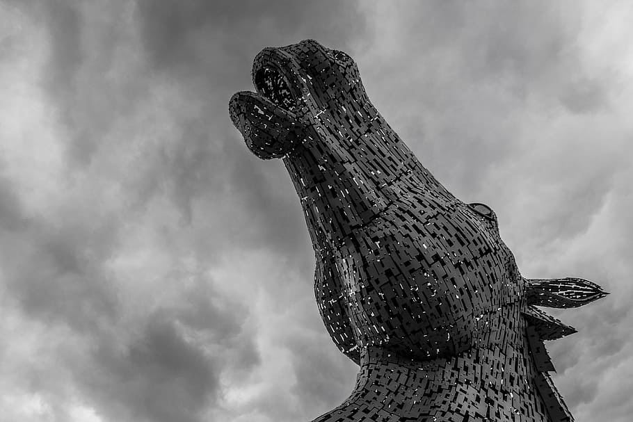 kelpies, scotland, horse head, sculpture, equine, cloud - sky, HD wallpaper