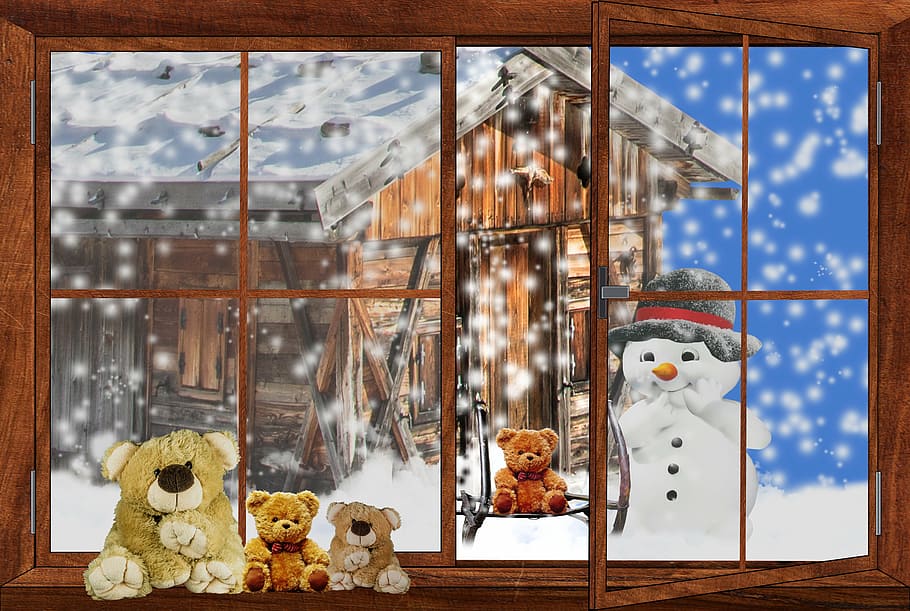snow man, winter, wintry, greeting card, hut, mountain hut HD wallpaper