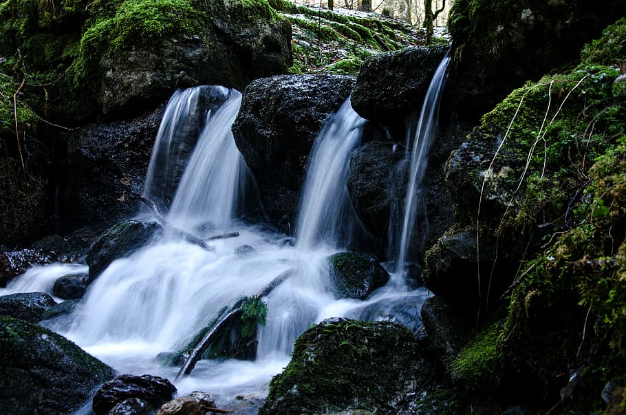 waterfall, waters, nature, river, moss, wet, bach, stone, rock HD wallpaper