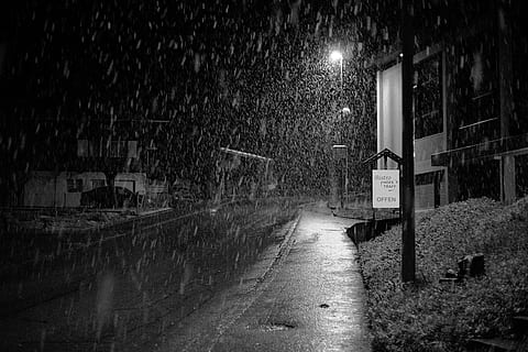 black and white rain streets