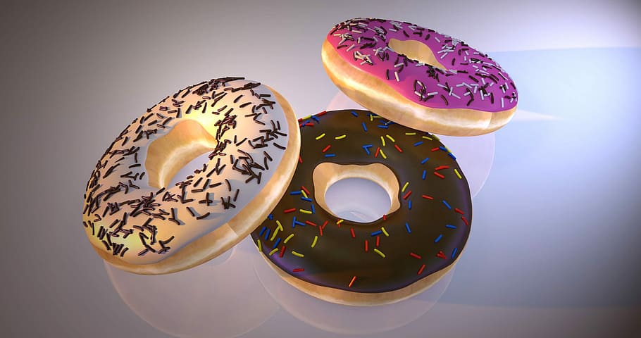 three doughnuts with icing and sprinkles, donuts, refreshment HD wallpaper