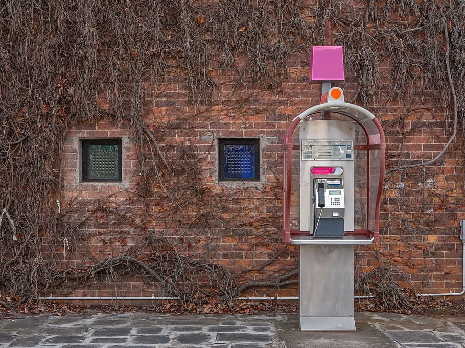gray payphone near brown brick wall, Public, Street, urban, telephone