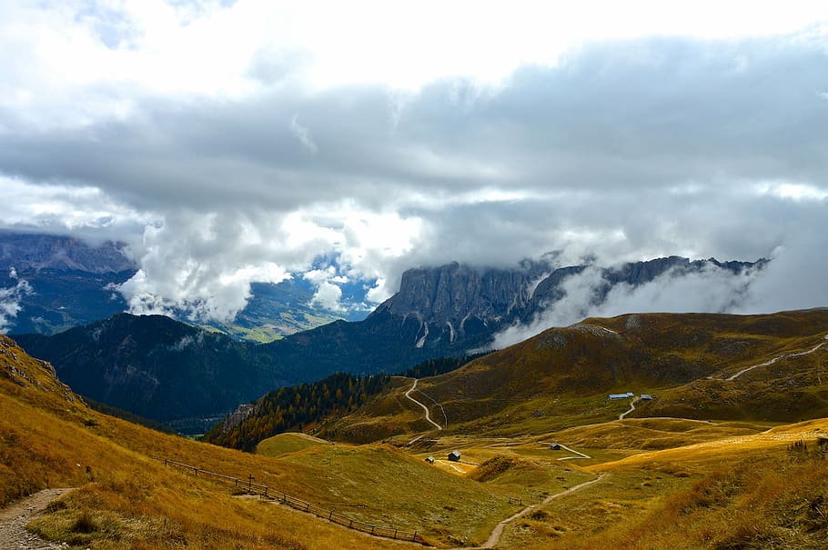 alpine, mountains, dolomites, peitlerkofel, rock, clouds, leisure