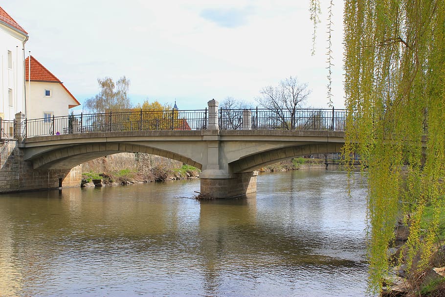 wolfsberg, austria, bridge, river, waterway, reflections, sky HD wallpaper