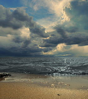 closeup photo of ocean, sea, clouds, waves, sand, summer, fairytale HD wallpaper