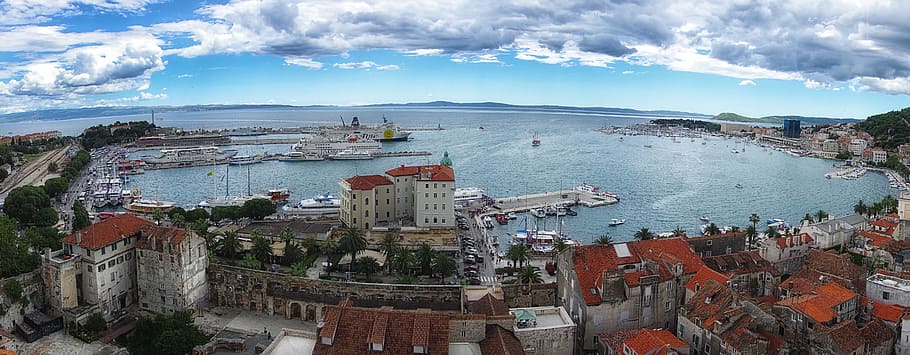 brown house lot, croatia, split, panorama, port, sea, adriatic sea HD wallpaper
