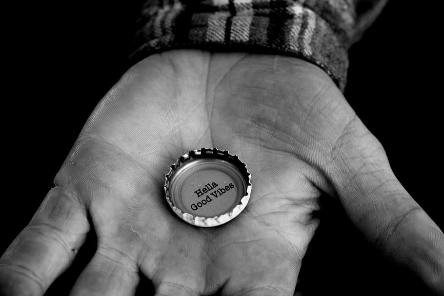 bottle cap, vibes, hand, monochrome, hella, good, human hand, HD wallpaper