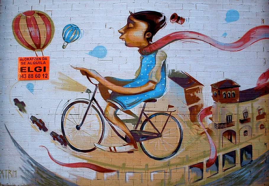 woman riding bike painting, graffiti, biker, person, mural HD wallpaper