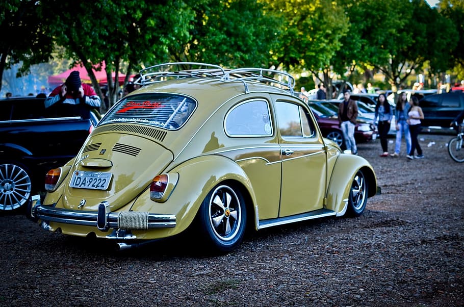 beige Volkswagen Beetle coupe parked beside black vehicle at daytime, HD wallpaper