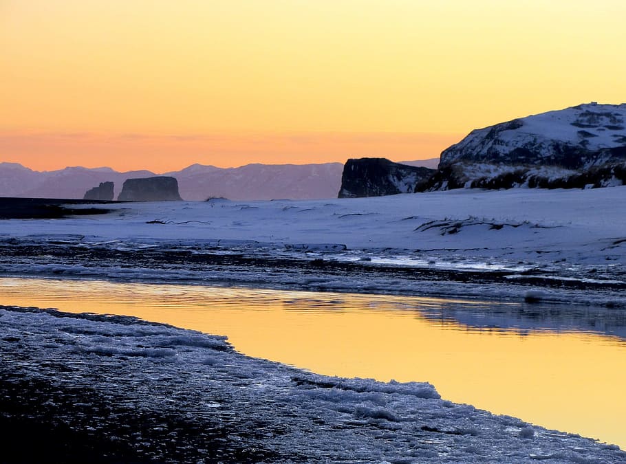 ocean, volcano, mountains, rocks, sunset, seascape, surf, coast HD wallpaper