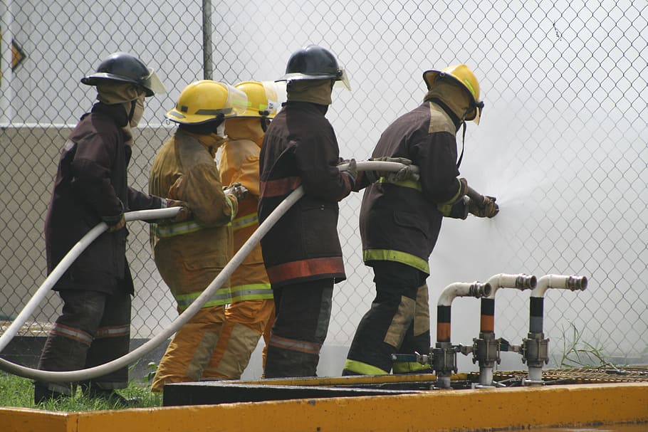 fire, brigades, hose, salvation, group of people, protection HD wallpaper