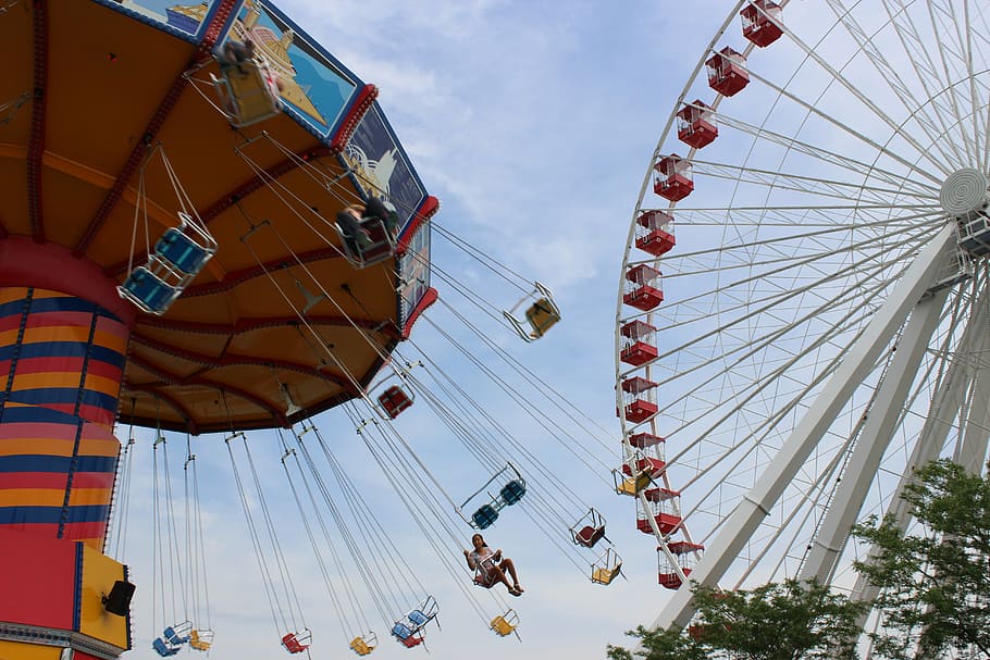 ferris wheel and swing ride, fun, joy, park, summer, people HD wallpaper