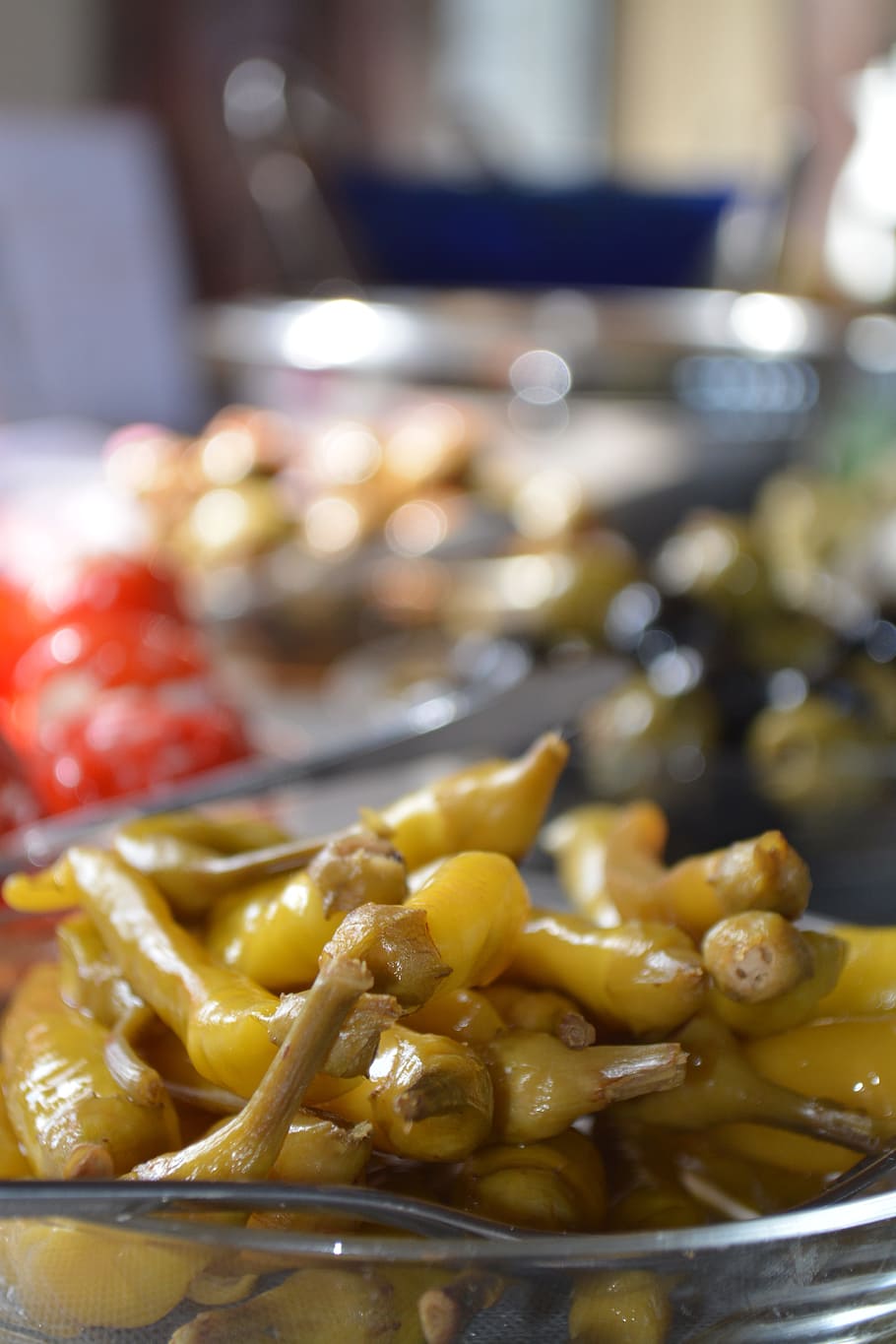 yellow chilli in clear glass bowl, pepperoni, eat, food, green HD wallpaper