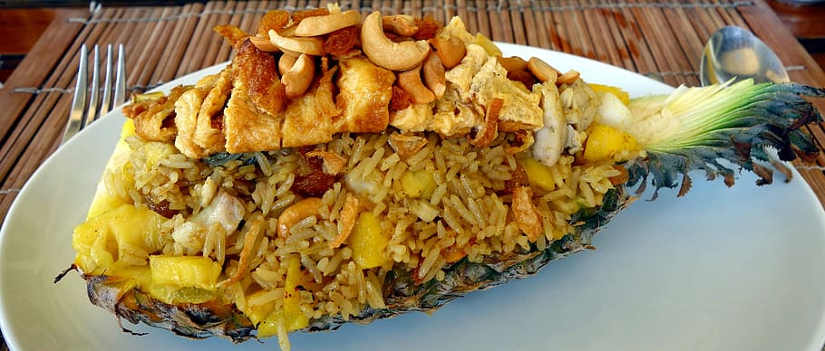 fried rice with toppings on plate, eat, asia, pineapple, food, HD wallpaper