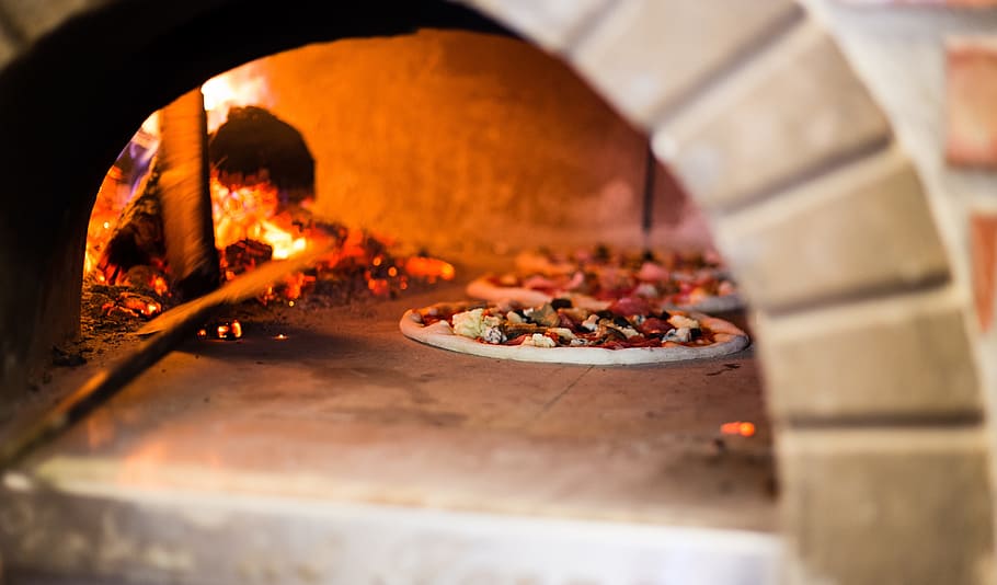 two pizza on vintage oven, pizza oven, fire, wooden oven, italian