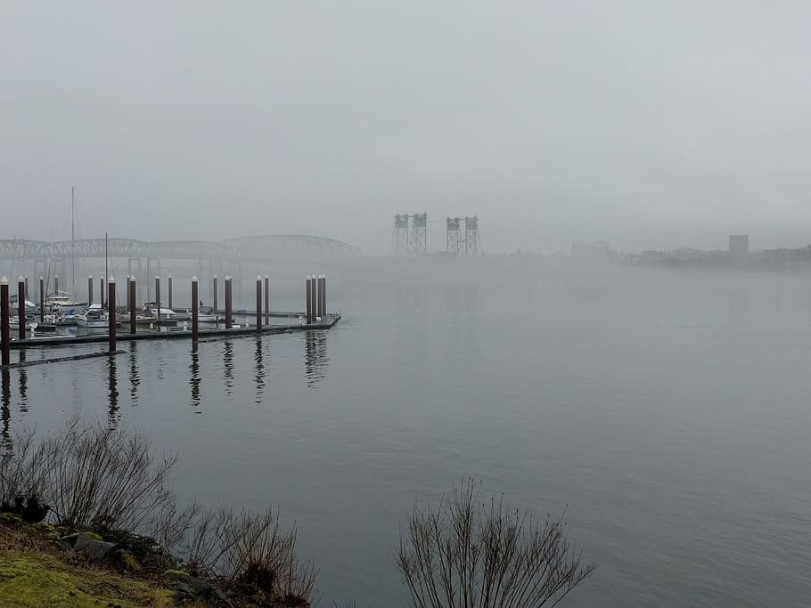 hayden island mist, portland oregon usa, marina, bridge, interstate bridge, HD wallpaper