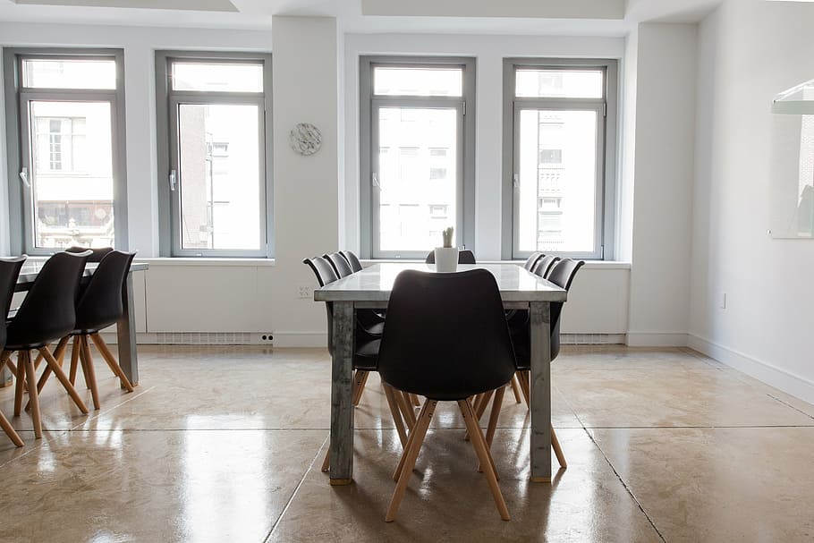 rectangular beige table and chair set, chairs, empty, indoors HD wallpaper