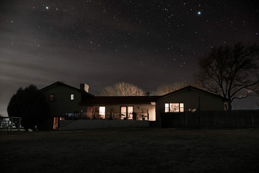 landscape photography of a house under nightsky, long exposure of star HD wallpaper
