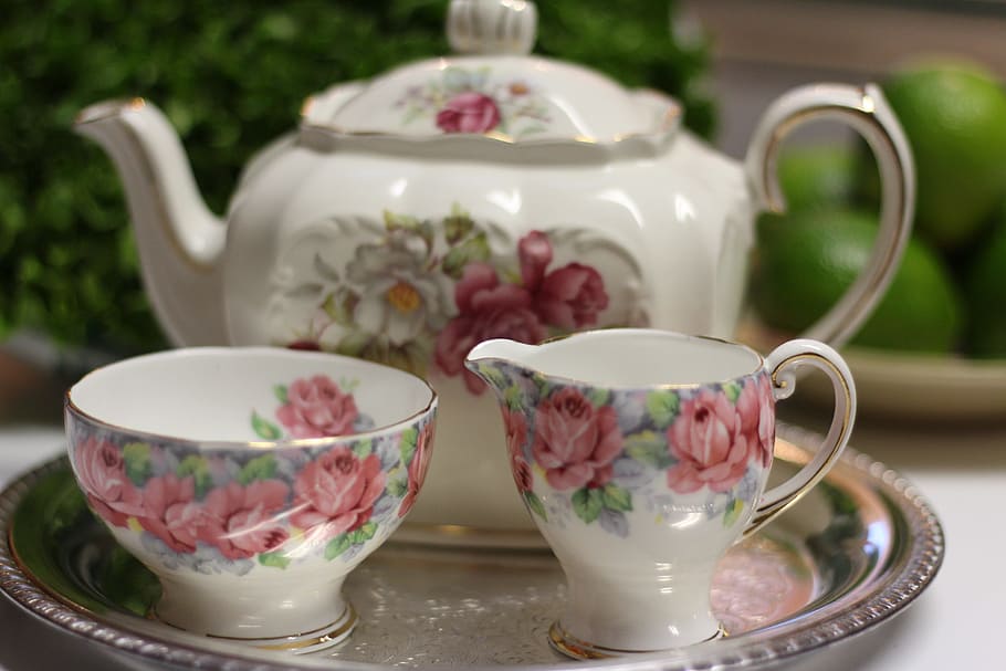 white-and-multicolored floral ceramic tea set of 3, service HD wallpaper