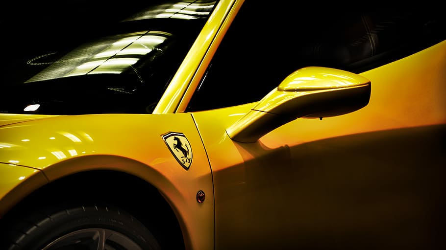 close shot of yellow Ferrari coupe, yellow Ferrari car, reflection HD wallpaper