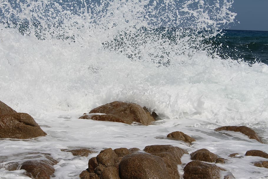 sardinia, spray, mediterranean, wave, steinig, beach, sea, nature HD wallpaper