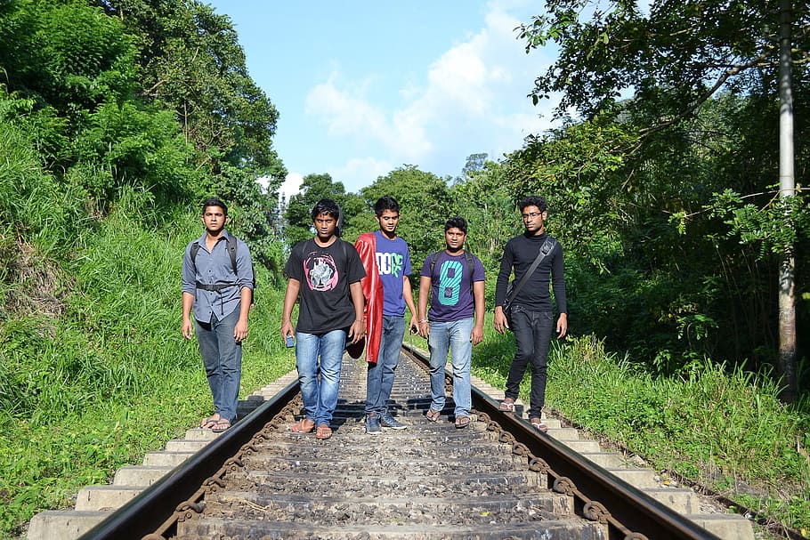 men standing on train railway, Walk, Walking, Band, Music, Play