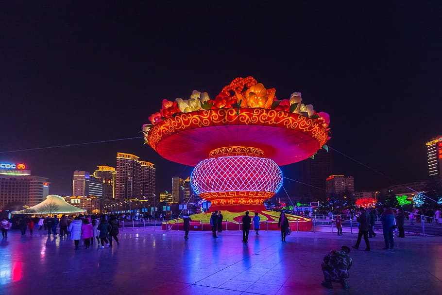 Chinese New Year, Xining Center Square, lantern baskets, night, HD wallpaper