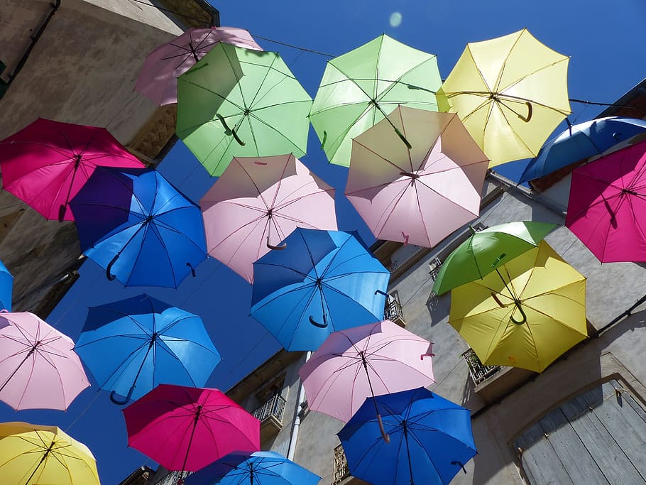 umbrellas, colorful, blue sky, art, sunlight, colorful umbrella, HD wallpaper