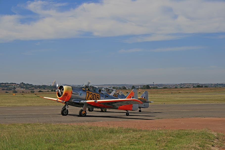 grey and red monoplane, harvard, airplane, aircraft, fixed wing HD wallpaper