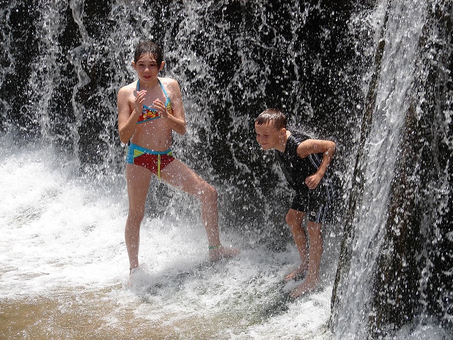 refreshing, water, waterfall, children, play, swimsuit, cascade HD wallpaper