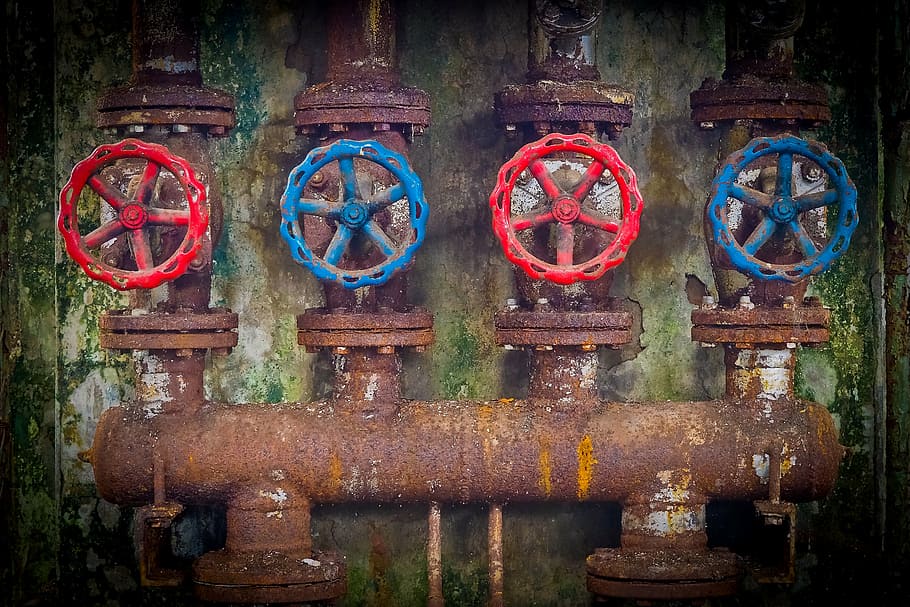 brass-colored water pipe, lost places, factory, old, leave, industrial building, HD wallpaper