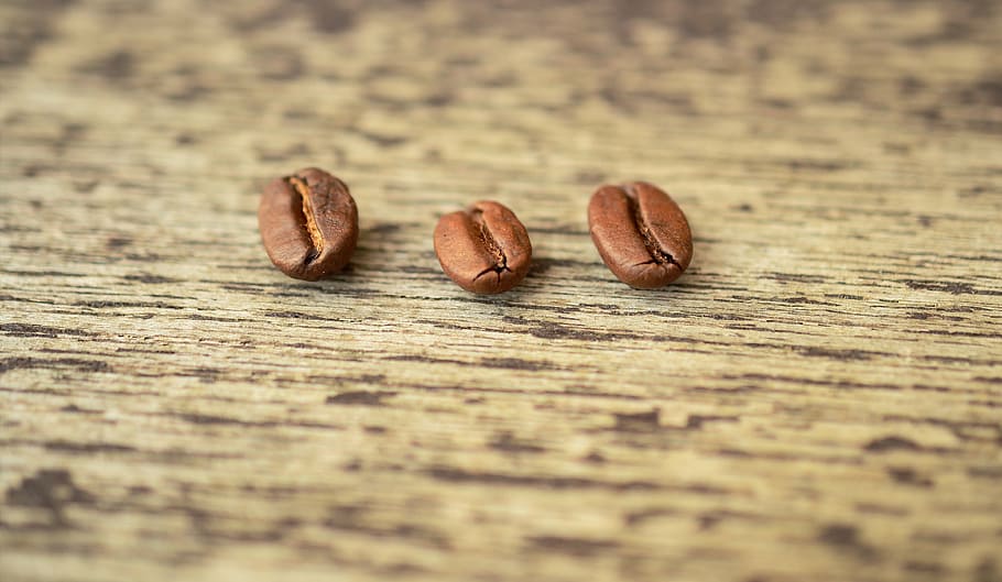 three coffee beans, wood, macro, brown, caffeine, close-up HD wallpaper