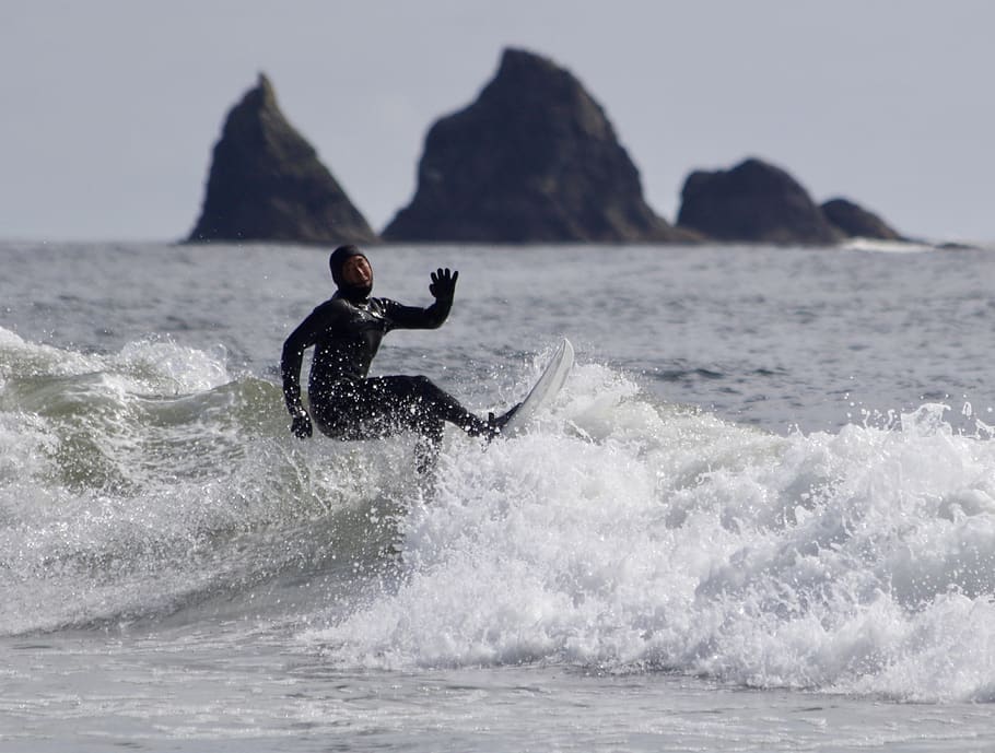 surfer, rocks, beach, surfing, sea, water, sport, motion, waterfront HD wallpaper