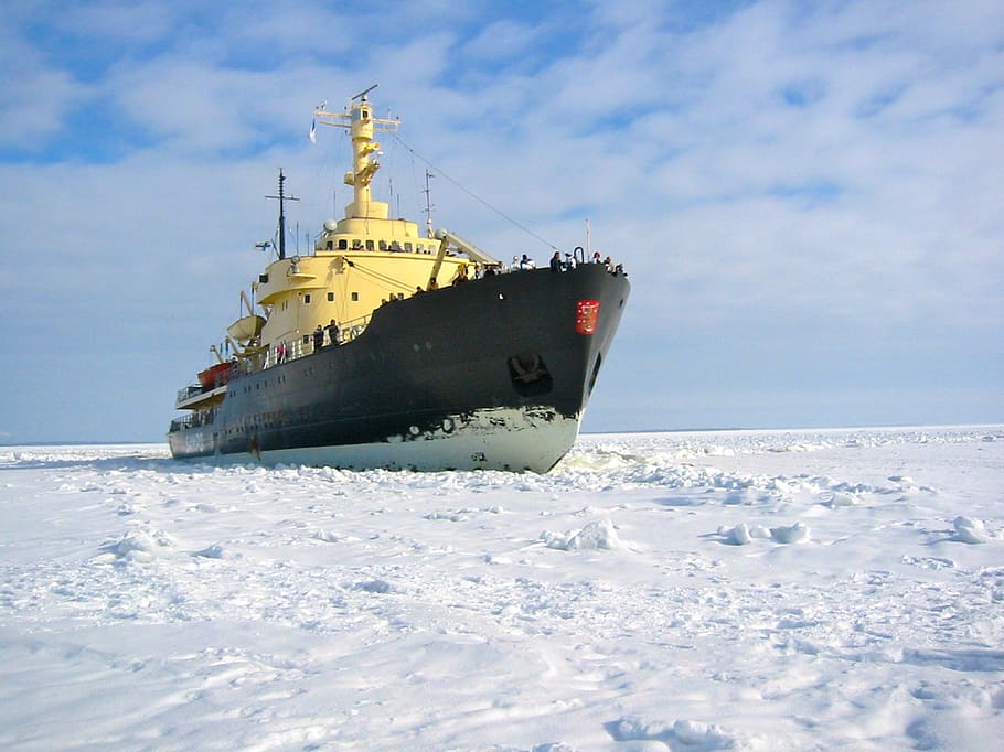 gray and black ship on ice terrain, icebreaker, gulf of bothnia