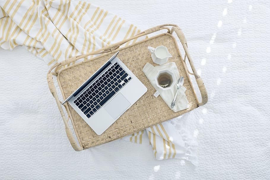 silver laptop computer on top of brown trauy, tray, tea, business HD wallpaper