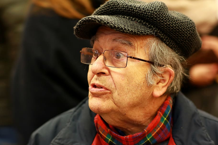 man wearing red and blue plaid scarf, senior, old, hat, wrinkles HD wallpaper