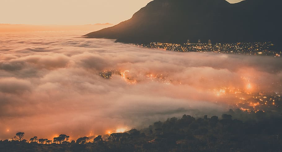cloudy mountain during sinsunset, see of clouds scenery, white clouds HD wallpaper