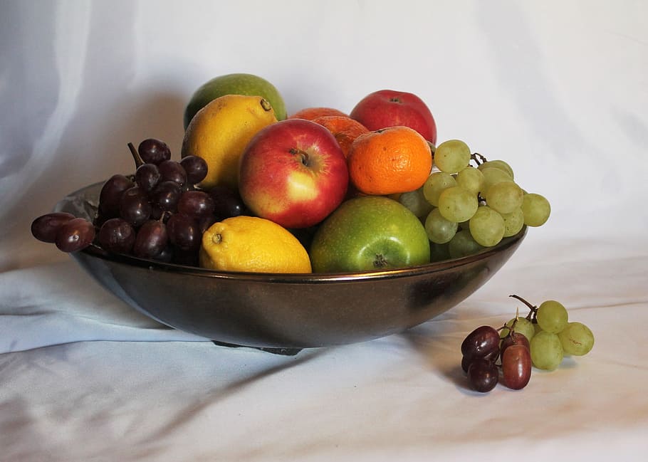 Fruit Still Life, Large Bowl Of Fruit, copper bowl of fruit, grape