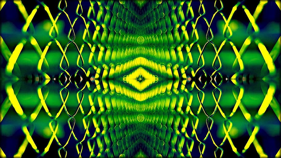 green and yellow illusion strings, pop art, edit, mirrored HD wallpaper
