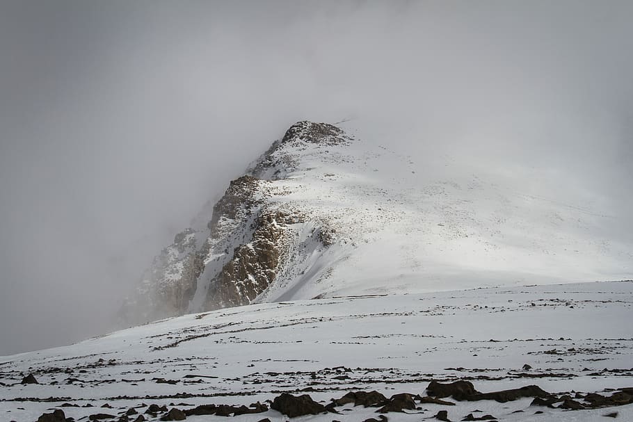 brown mountain covered white snow, icy mountain, cloud, fog, mist HD wallpaper