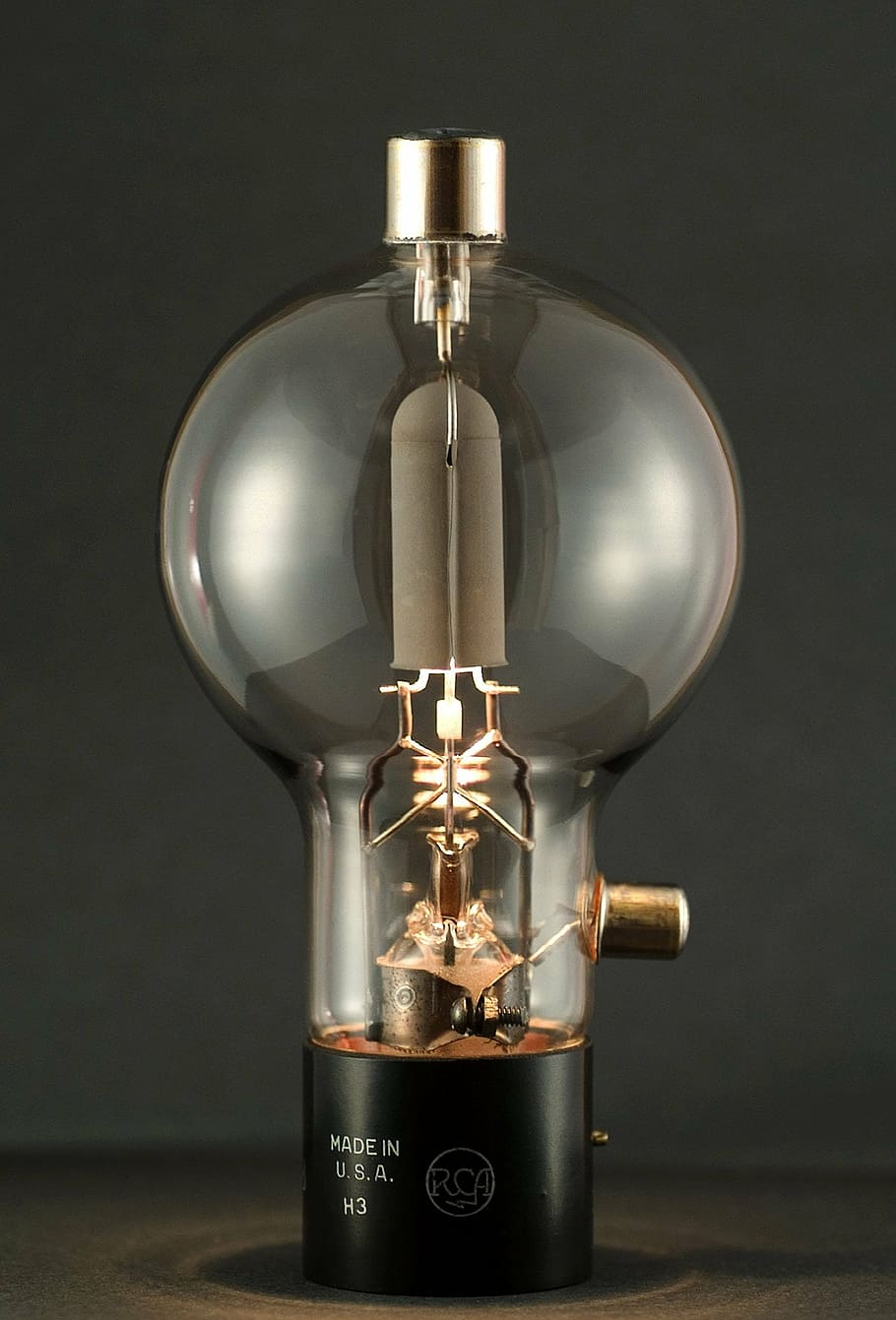 turned-on table lamp, vacuum tube, electronics, gas filled tubes