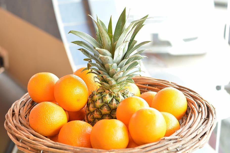 oranges, fruit, vitamins, pineapple, basket, orange - fruit HD wallpaper