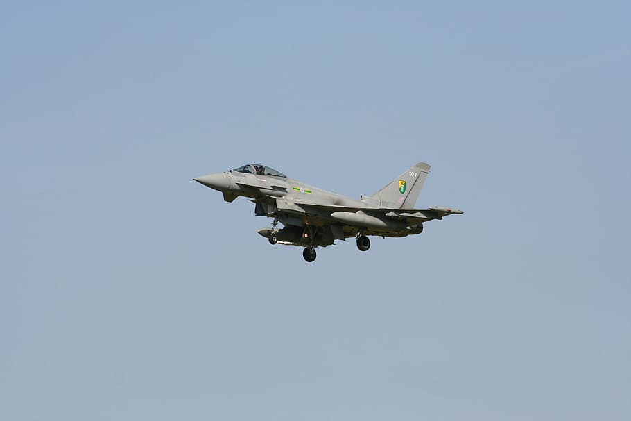 gray jet aircraft on air, typhoon, fighter, plane, flying, air vehicle HD wallpaper