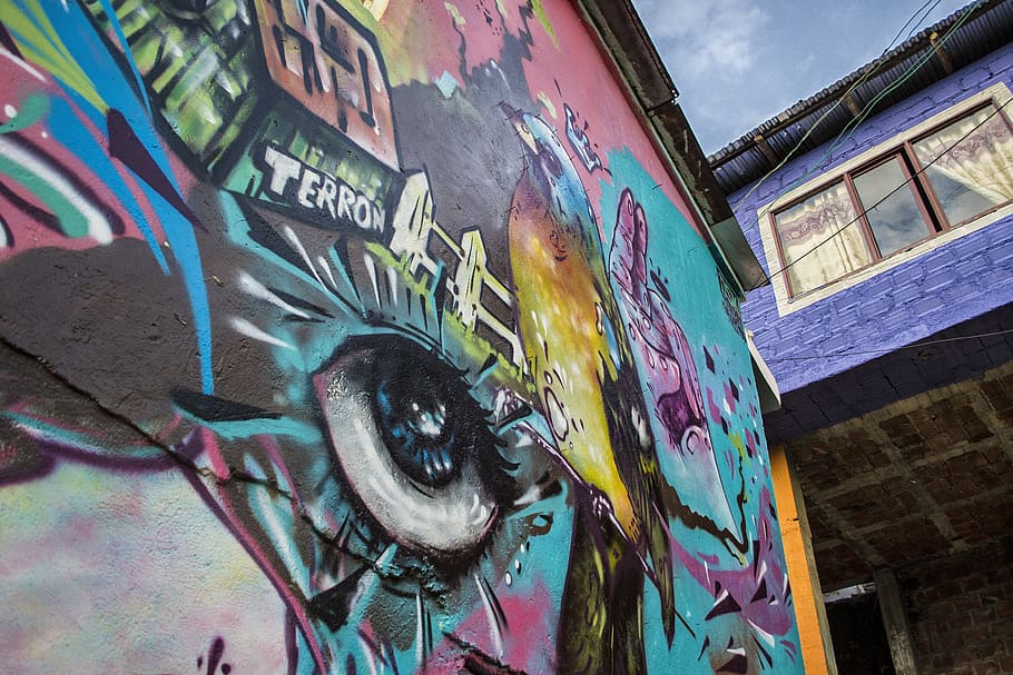 wall with teal and purple graffiti, color, house, art and craft HD wallpaper