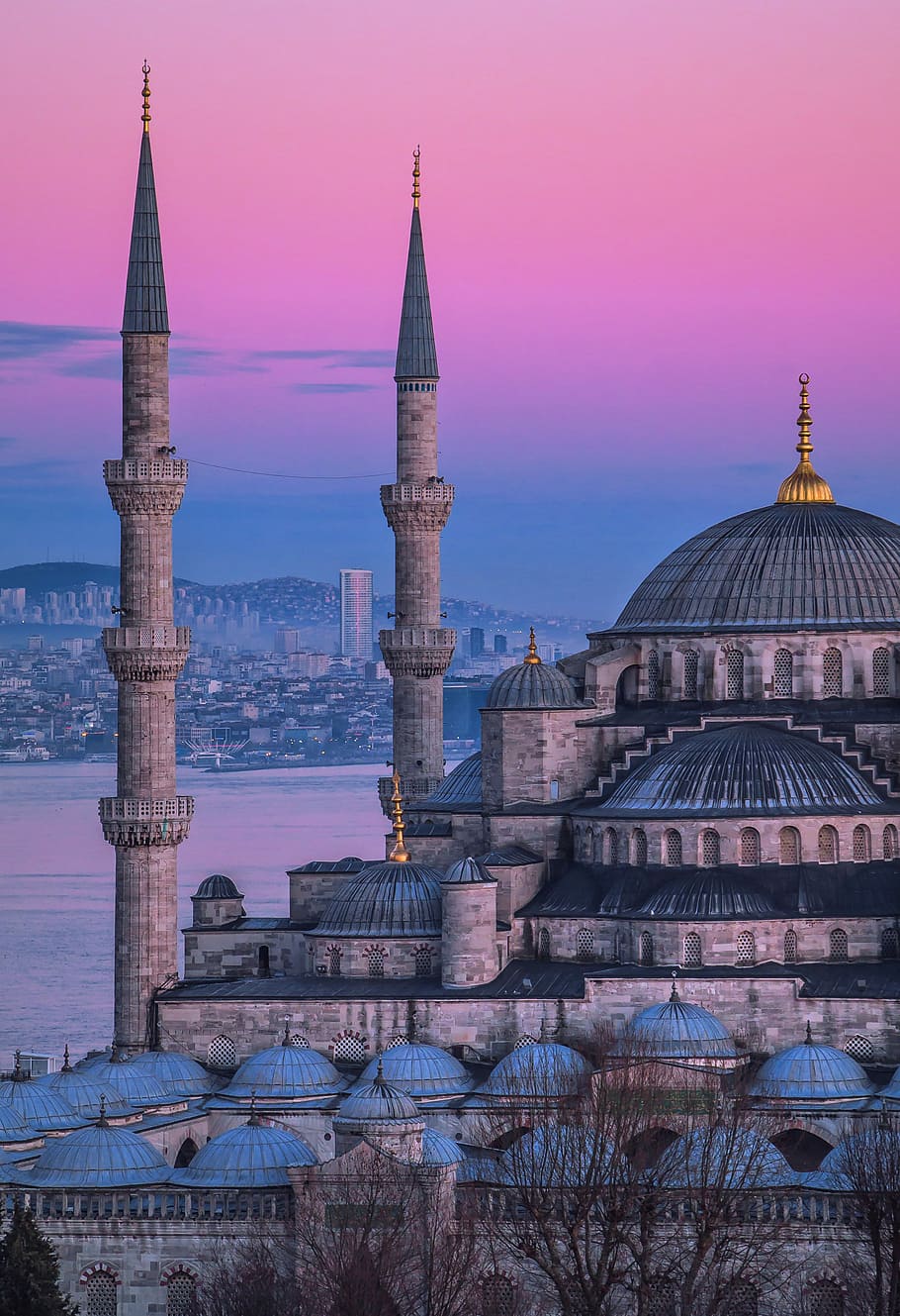 brown and blue concrete dome building, photo of Blue Mosque, water HD wallpaper