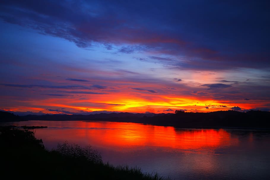 landscape photography of river at sunrise, Sunset, Thailand, Laos, HD wallpaper