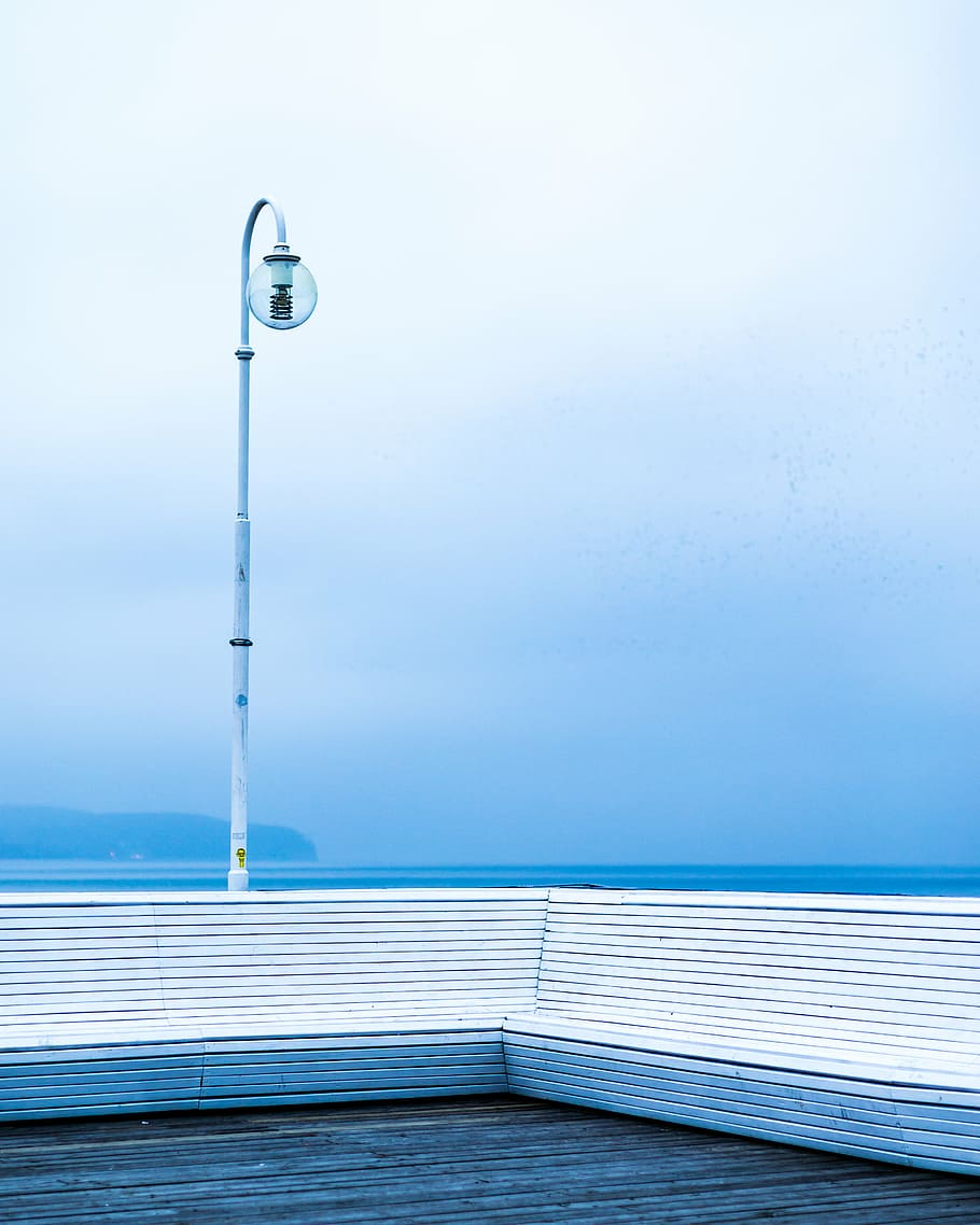 lamp turned off near water, white, metal, post, blue, sky, ocean HD wallpaper