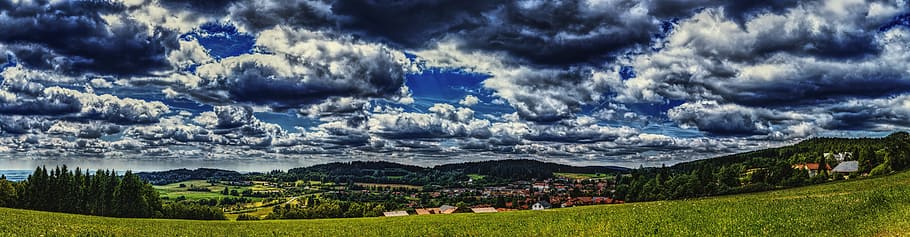 green grass under black sky, Panorama, Bavarian Forest, Sankt Englmar, HD wallpaper